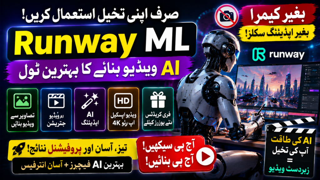 A colorful YouTube thumbnail promoting Runway ML AI Video Creator, featuring a futuristic robot, AI video editing tools, free credits, image-to-video generation, and professional video creation features.