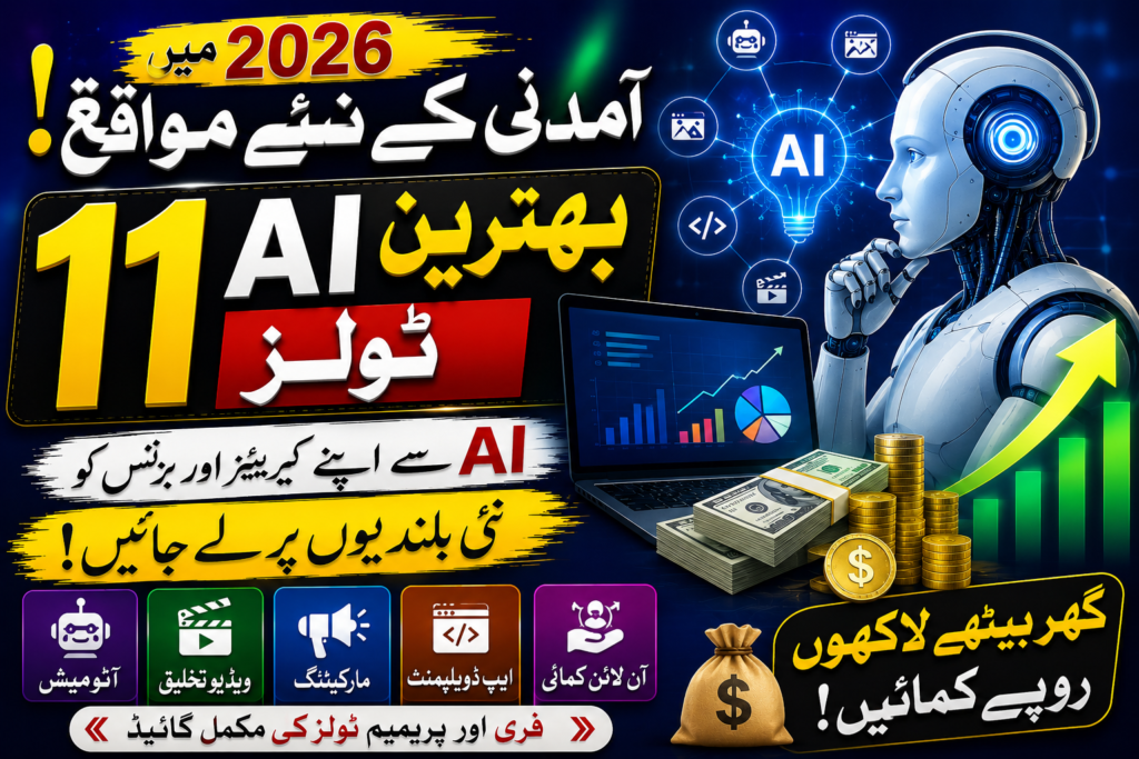 YouTube thumbnail featuring a futuristic AI robot, laptop with rising graph, money bag, and cash, promoting the 11 best AI tools to make money online in 2026.