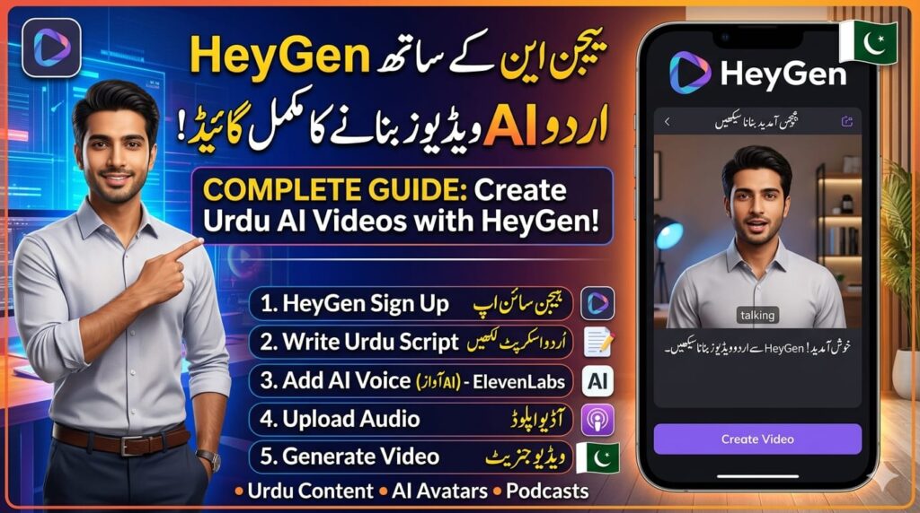Thumbnail showing a complete guide to creating Urdu AI videos with HeyGen. A male AI avatar is pointing toward the title “Complete Guide: Create Urdu AI Videos with HeyGen!” The image includes steps like HeyGen Sign Up, Write Urdu Script, Add AI Voice, Upload Audio, and Generate Video.