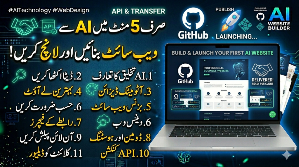 AI-generated business website displayed on a computer screen with customizable design, contact information, and online publishing options.
