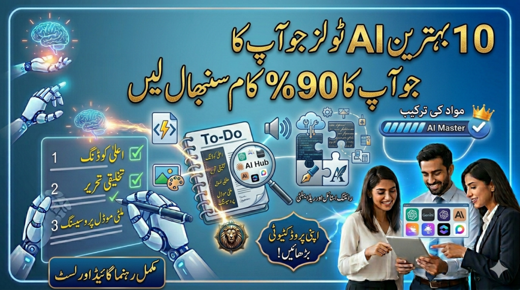 Illustration of popular AI tools including ChatGPT, Gemini, and Claude being used for productivity, content creation, coding, research, and business tasks.