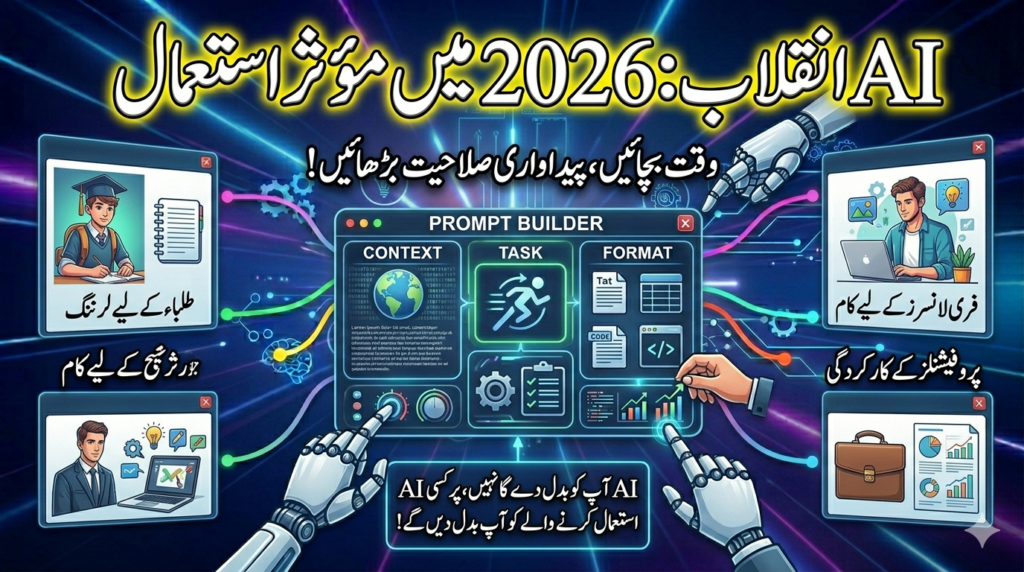 A modern AI workspace displaying various artificial intelligence tools used for productivity, learning, job searching, freelancing, and professional work in 2026.