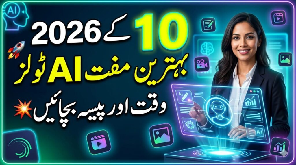 10 Best Free AI Tools in 2026 thumbnail featuring AI technology, productivity tools, and futuristic digital innovation.