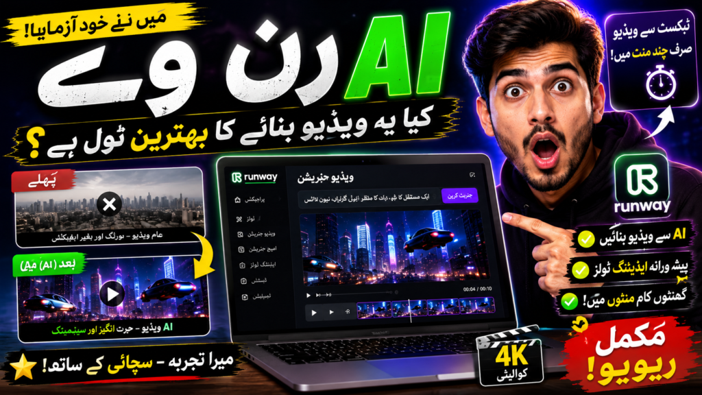 YouTube thumbnail featuring Runway AI with bold Urdu text, a surprised man pointing at a laptop displaying AI video generation, before-and-after video comparison, and vibrant neon graphics promoting an AI video review.